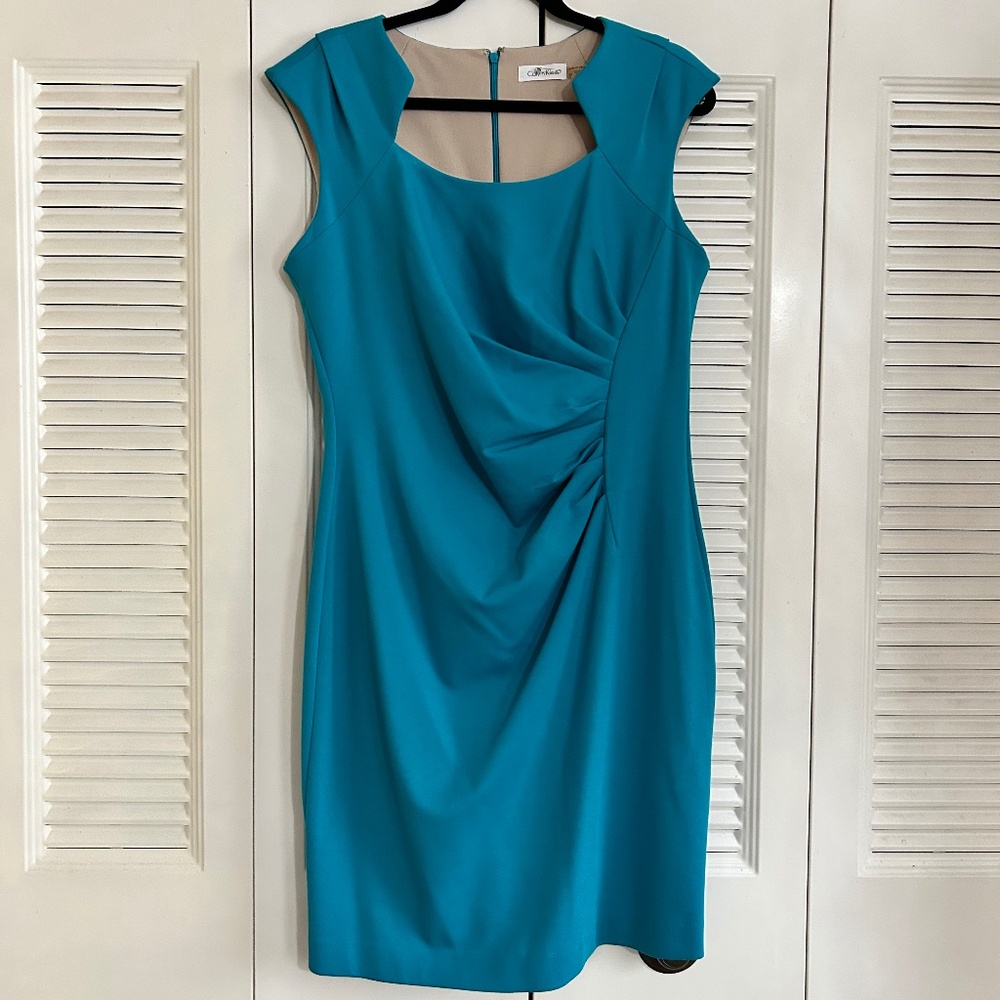 Calvin Klein Teal Sheath Dress Size 12 Ruched Front Career Cocktail Elegant